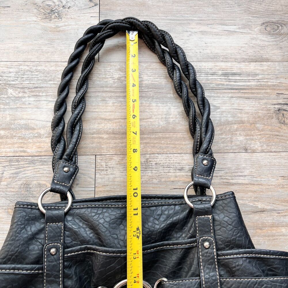 Y2K Black Faux Leather Shoulder Bag Braided Strap Silver Hardware Purse Grunge - Picture 7 of 11